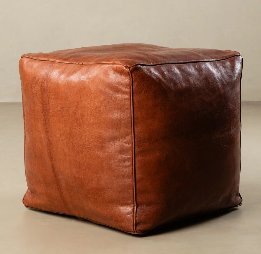 Pouf Carré en Cuir Véritable - Fait Main